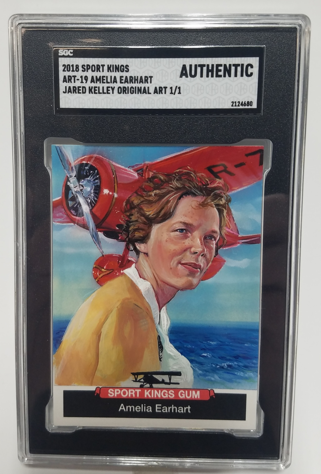 AMELIA EARHART 2018 SPORTS KINGS 1/1 #ART-19 SGC AUTHENTIC Jared Kelley Signed Origional Oil Painting on 2-1/2 by 3-1/2 CARD in GRADED CASE